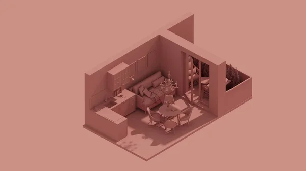 Rendering Isometric Kitchen Room Interior Open View Balcony Red — Zdjęcie stockowe