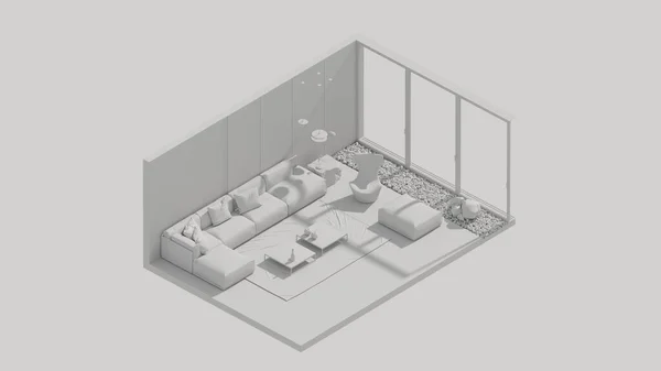 Rendering Isometric Living Room Interior Open View White — 스톡 사진