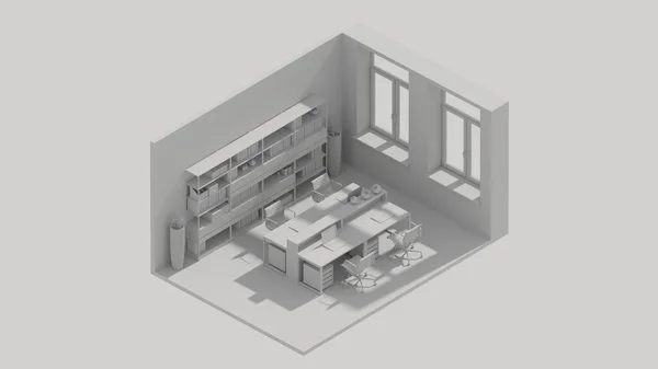 3d rendering isometric office room interior open view, work space white