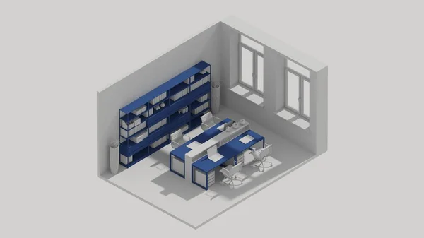 Rendering Isometric Office Room Interior Open View Blue — Zdjęcie stockowe