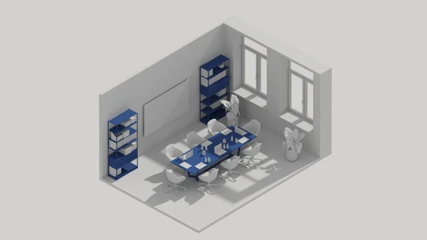 Rendering Isometric Office Room Interior Open View Conference Blue — Fotografia de Stock