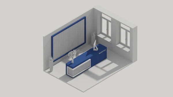 Rendering Isometric Office Room Interior Open View Reception Blue — Foto de Stock