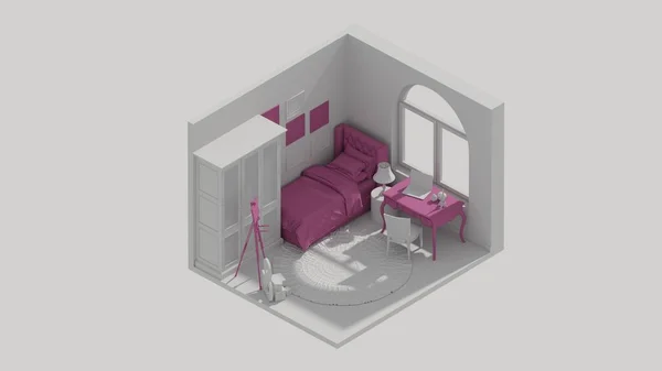 Rendering Isometric Kids Room Interior Open View Purple — ストック写真