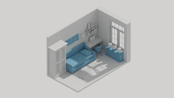 Rendering Isometric Child Room Interior Open View Blue — Zdjęcie stockowe