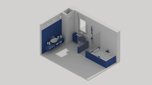 Рендеринг Изометрическая Ванная Комната Интерьер Открытый Вид Синий — стоковое фото