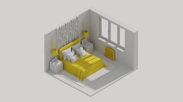 Rendering Isometric Bed Room Interior Open View — Stock Photo, Image