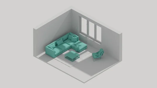 Rendering Isometric Living Room Interior Open View Green — Zdjęcie stockowe