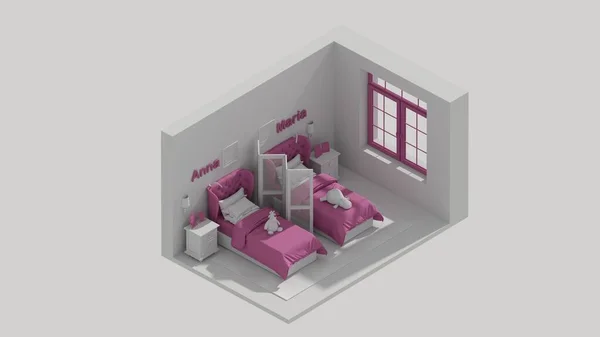 Rendering Isometric Child Room Interior Open View Girls Room Purple — Photo