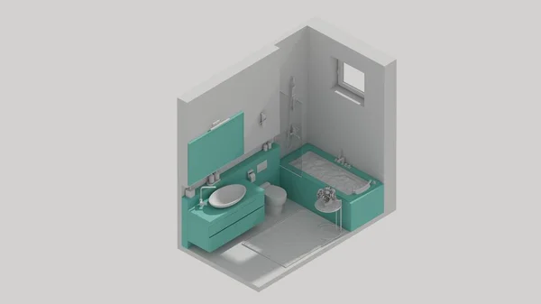 Rendering Isometric Bath Room Interior Open View Green — 스톡 사진