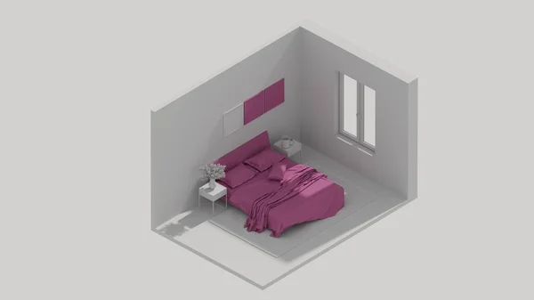 Rendering Isometric Bed Room Interior Open View Purple — Stockfoto