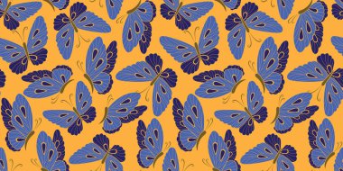 Moda giysileri için koyu sarı / turuncu arka planlı büyük mavi kelebekler, tekstil baskıları, küçük kızlar için kız kıyafetleri.