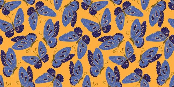 Moda giysileri için koyu sarı / turuncu arka planlı büyük mavi kelebekler, tekstil baskıları, küçük kızlar için kız kıyafetleri.