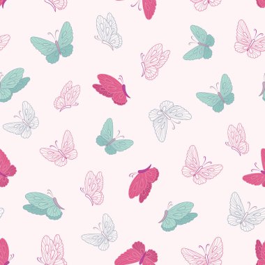 Pembe ve mavi kelebekler kusursuz bir şekilde tekrar eder. Kız modeli. Tekstil, moda ve yaz kumaşları için harika. Albüm, geçmiş, ambalaj projeleri ve duvar kağıtları için kullanılabilir. Yüzey deseni tasarımı