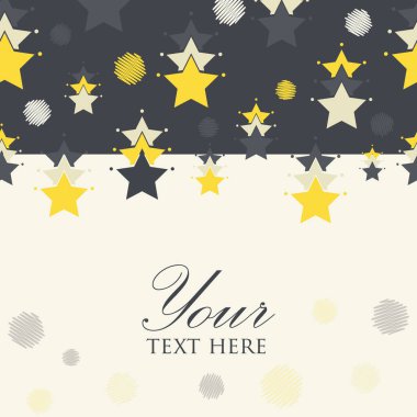 Vector confetti stars grey yellow horizontal stripe frame border pattern background with hand drawn elements