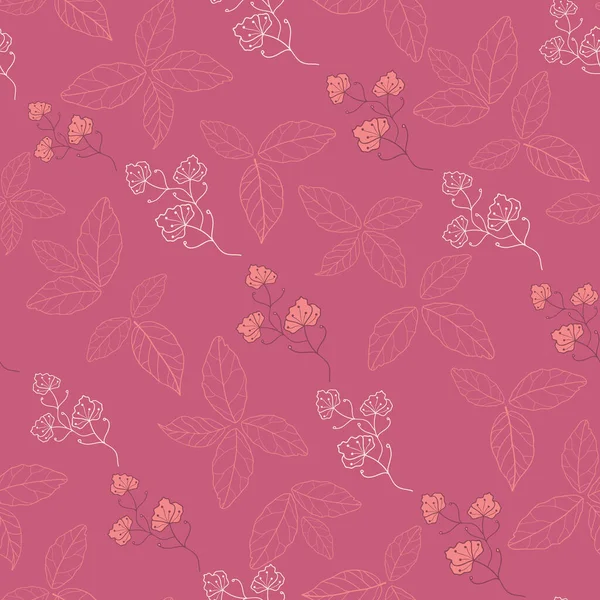 Vector Hibiscus Pink Flowers Line Art Leaves Elegant Seamless Pattern — Vettoriale Stock
