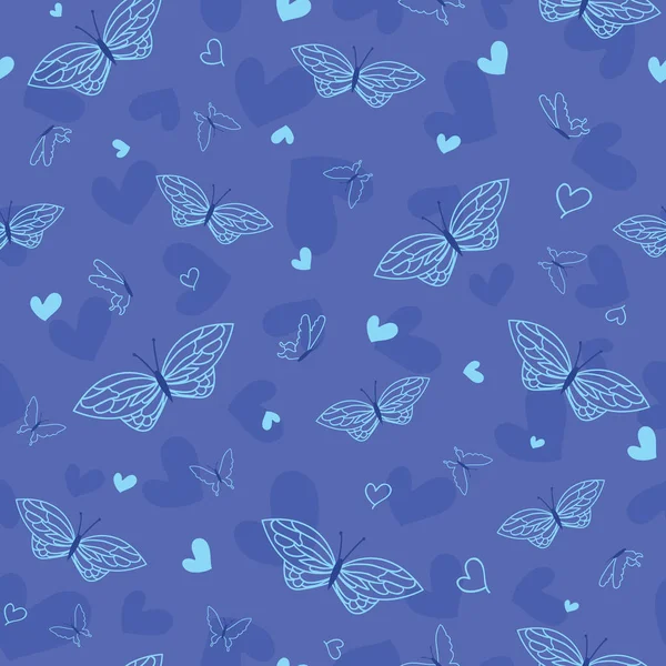 Blue Vector Hearts Butterflies Modern Seamless Repeating Pattern Great Fashion — Stok Vektör