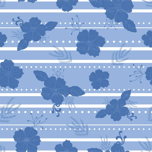 Vector Blue White Hand Drawn Floral Stripes Elegant Seamless Pattern — Stock Vector