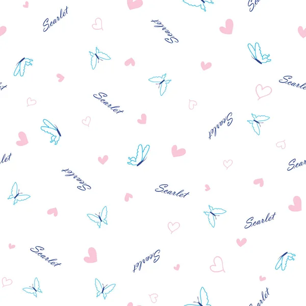 Cute Blue Butterflies Pink Hearts Text Isolated White Vector Seamless — Archivo Imágenes Vectoriales