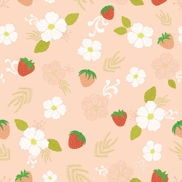Cute Vector Strawberries White Flowers Field Seamless Repeating Pattern Background — Vector de stock