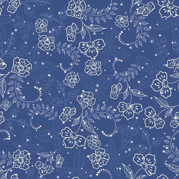 Navy Blue Vector Stars Floral Field Texture Seamless Pattern Background — Vettoriale Stock