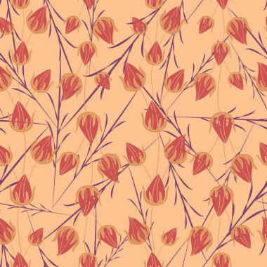 Retro hafif turuncu şeftali çiçeği tomurcukları ve rastgele mor yabani otlar. Vektör retro kumaş deseni izi. Her şey için harika. Yüzey deseni tasarımı