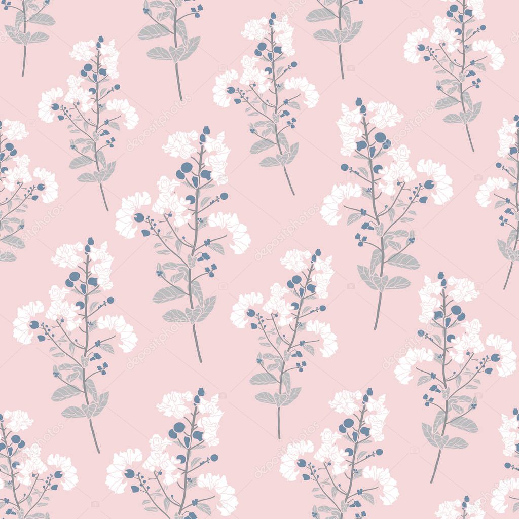 Vector white flowers plant branches on powder pink. Delicate fabric seamless pattern print. Great for fashion allover print, textile, packaging projects and much more