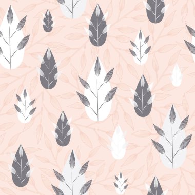 Vector grey pink white leaves twigs creative modern gender neutral seamless pattern background. Great for textile, kids fabrics, packaging projects and more