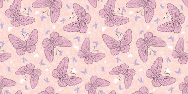 Peachy pink violet artistic texture butterflies vector seamless pattern. Great for girly fabric allover prints, textile,packaging, fashion and more