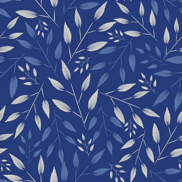 Vector Artistic Ornamental Leaves Twigs Branches Blue Elegant Retro Seamless — Image vectorielle