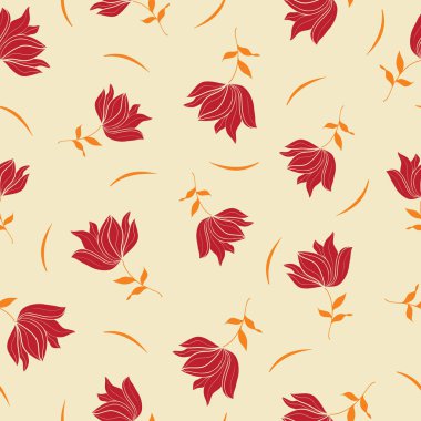 Vector red orange hand drawn wild flowers rose ditsy on light seamless pattern. Retro floral background print. Great for allover fabric prints, textile, clothing, packaging and more