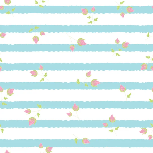 Vector Pastel Pink Rose Buds Blue White Stripes Seamless Pattern — Image vectorielle