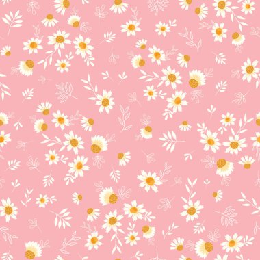 Pink white daisies ditsy ornamental vector seamless pattern design. Surface pattern fashion allover print. Cute repeating background