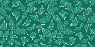 Vector beautiful green leaves flowers ornamental drawing seamless pattern design. Botanical elements ditsy garden illustration. Surface pattern fashion allover print