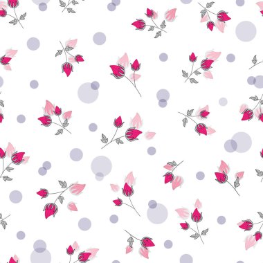 Cute shocking pink rose buds ditsy with transparent circles on white vector seamless pattern. Tiny fashion allover print. Surface Pattern Design
