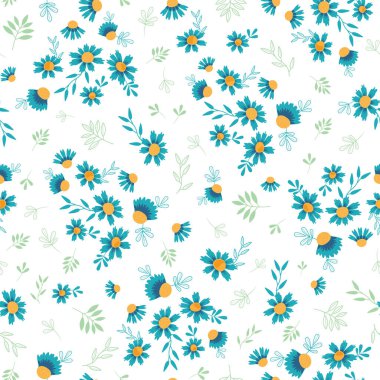 Blue daisies ditsy green leaves twigs hand drawn vector seamless pattern. Cute fashion surface pattern print design