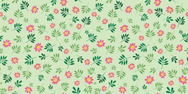 Pink daisies green leaves twigs ditsy on light fabric vector seamless pattern design. Cute fashion fabric allover print background. For clothing, textile, wrapping, walls, decor and more
