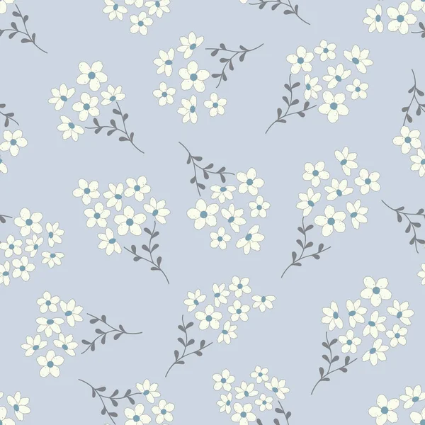 Fleurs Blanches Minuscules Dessinées Main Bouquets Grappe Sur Poudre Bleu — Image vectorielle
