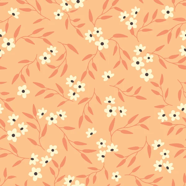 Светло Оранжевый Ретро Узор Крошечными Нарисованными Вручную Цветками Листьями Отлично — стоковый вектор