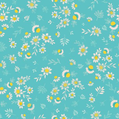 Beyaz papatyalar deniz mavisi arka plan vektörü üzerinde kusursuz tekrar desen tasarımı. Kumaş izi, hediye paketi, giysi, tekstil ve daha fazlası için.