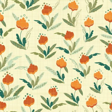 Açık kumaş üzerine renkli pamuk bitkileri. Arka plan desensiz vektör desenli tasarım. Tüm baskı ve kullanım alanları için harika.