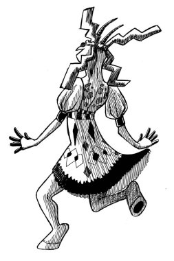 Yabancı bir yaratığın siyah beyaz mürekkep çizimi..