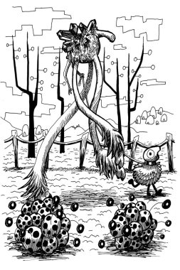 Yabancı bir yaratığın siyah beyaz mürekkep çizimi..