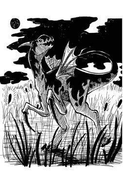 Yabancı bir yaratığın siyah beyaz mürekkep çizimi..