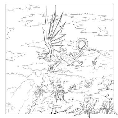 Bir ejderhanın siyah-beyaz renkli mürekkep çizimi.