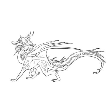 Bir ejderhanın siyah-beyaz renkli mürekkep çizimi.