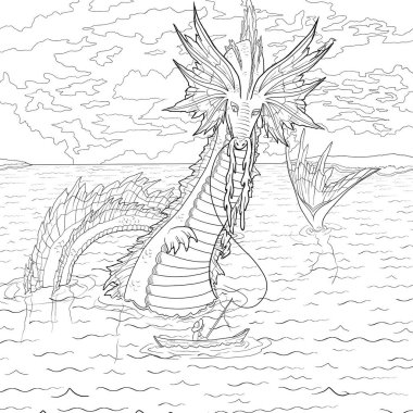 Bir ejderhanın siyah-beyaz renkli mürekkep çizimi.