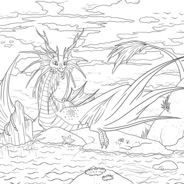 Bir ejderhanın siyah-beyaz renkli mürekkep çizimi.