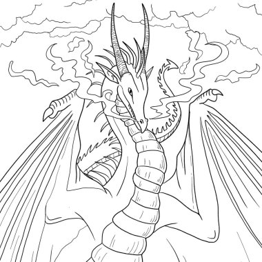 Bir ejderhanın siyah-beyaz renkli mürekkep çizimi.