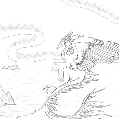 Bir ejderhanın siyah-beyaz renkli mürekkep çizimi.