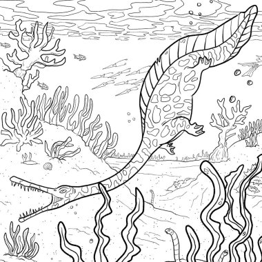 Bir ejderhanın siyah-beyaz renkli mürekkep çizimi.